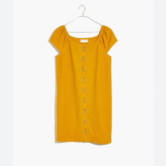 Madewell Texture & Thread Mustard Yellow Button Front Shift Dress Cap Sleeves L - Picture 2 of 8